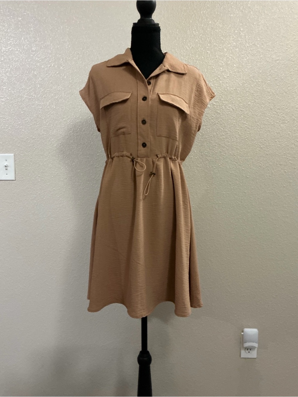 Derek Heart Tan Button-Front Drawstring Shirt Dress